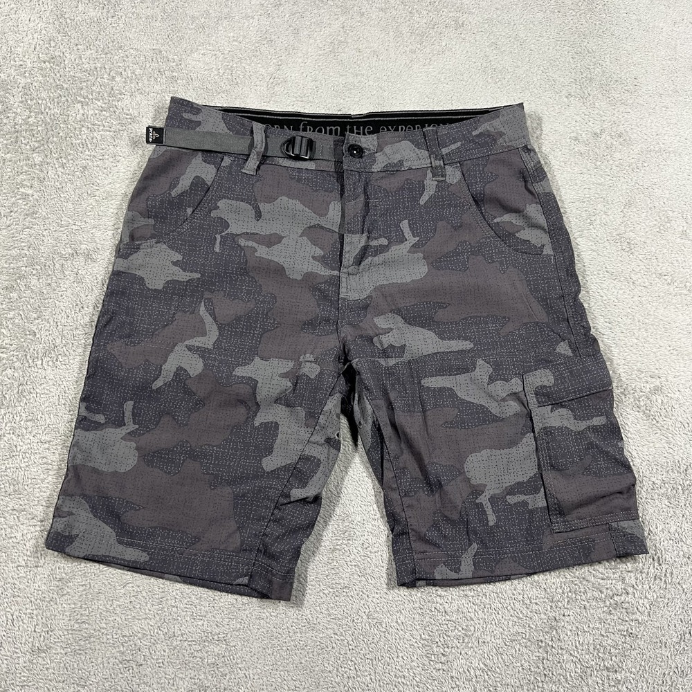 Prana Stretch Zion Shorts Mens 30 Gray Camo 10" Inseam Hiking Outdoors